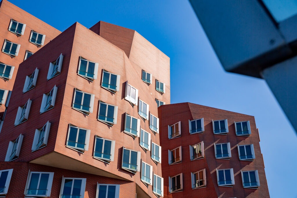 Es erwartet dich ein besonders ausgefuchster Spielplatz der Architektur - die berühmten Gehry-Bauten.