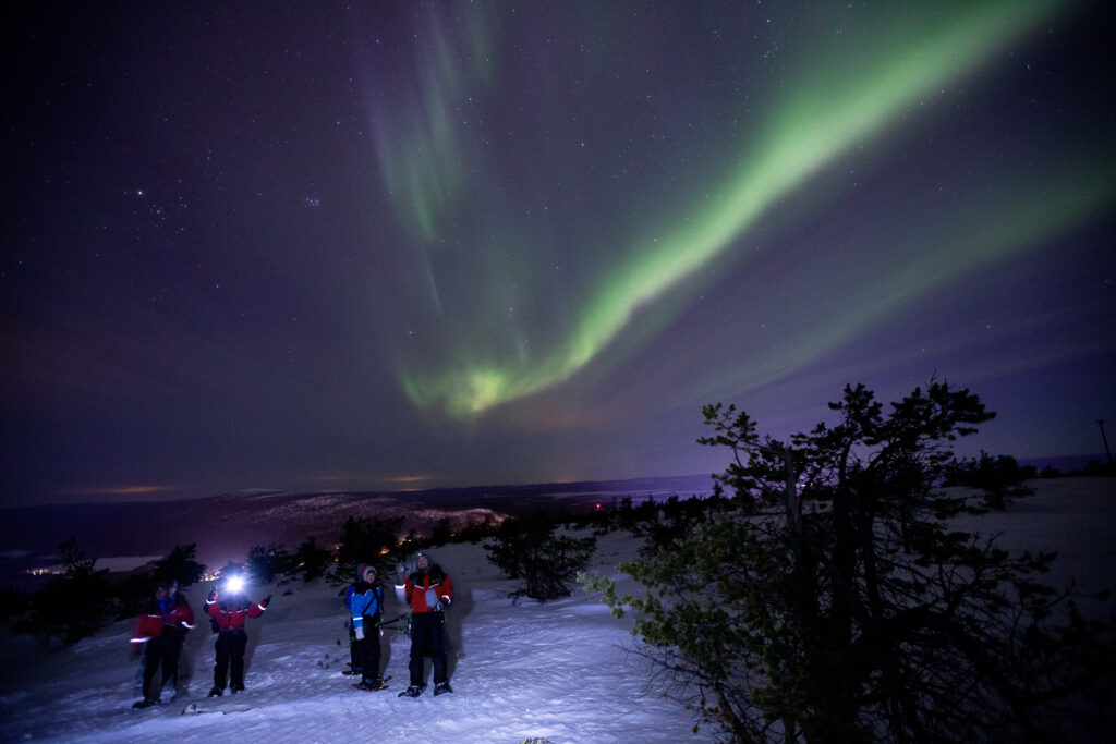 Fotoreise Finnland Überblick: Ausgerüstet mit Schneeschuhen, streifen wir in der Nacht vom Levi Hügel zurück ins Tal.